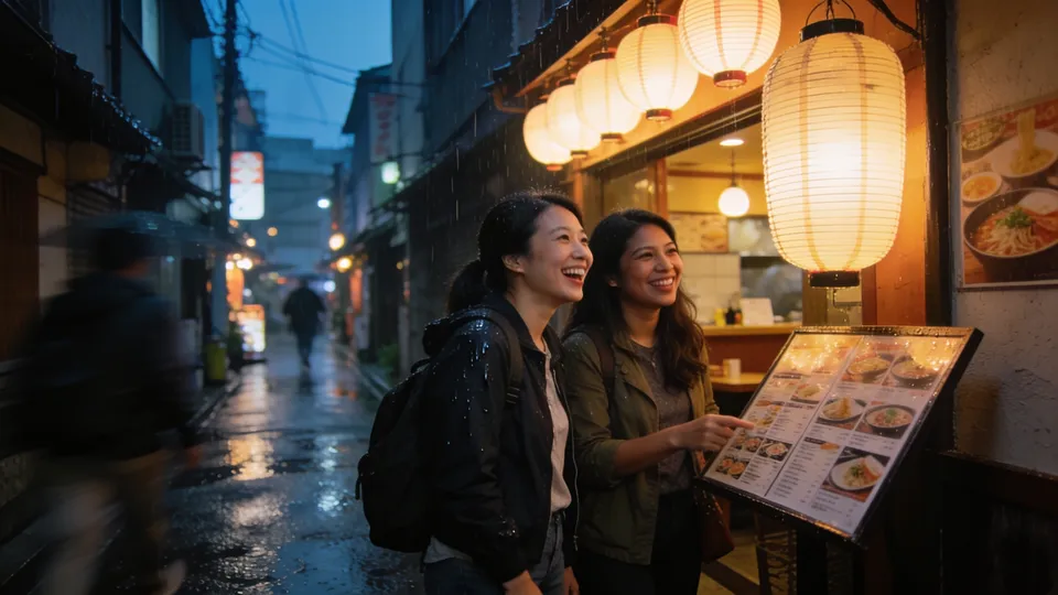 Two women who met that day laugh outside a ramen shop in Tokyo